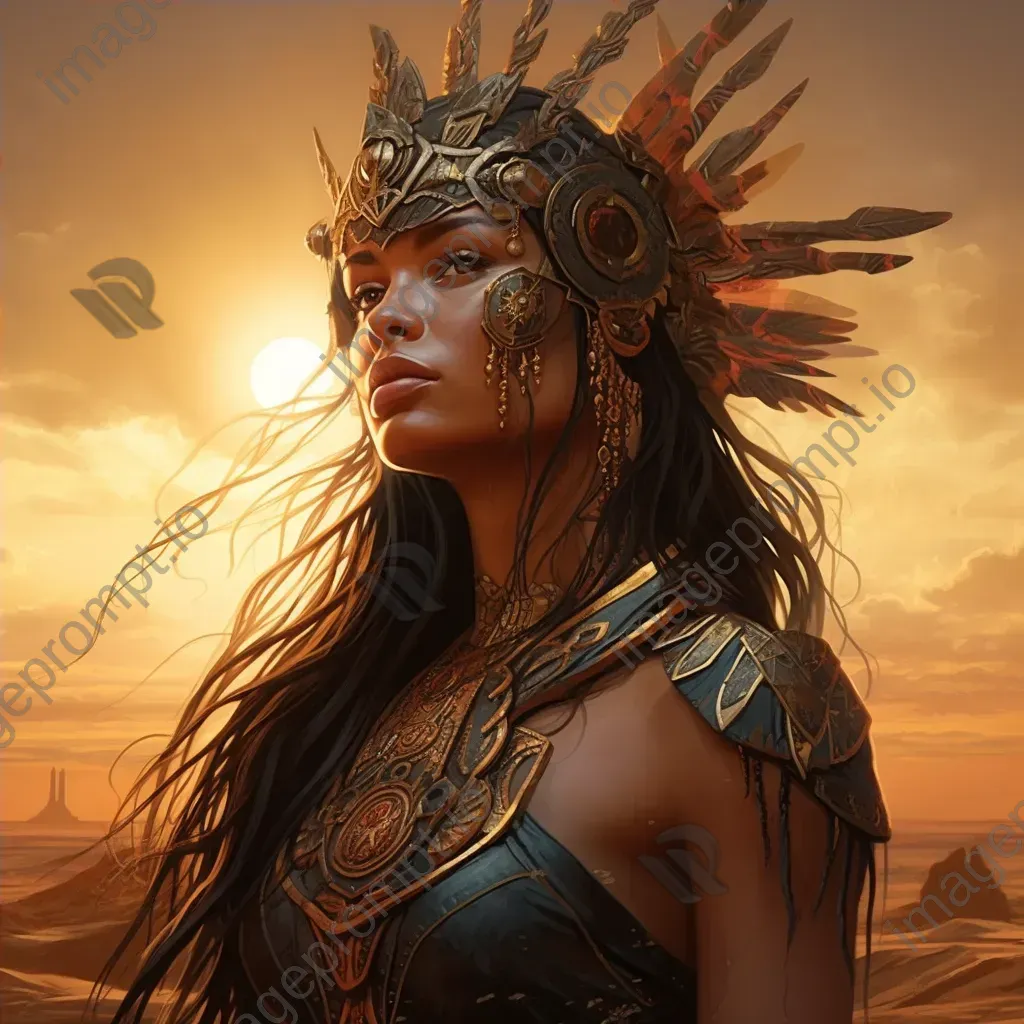 A Bronze Age warrior queen with symbolic tattoos, set against a golden sunset - Image 4