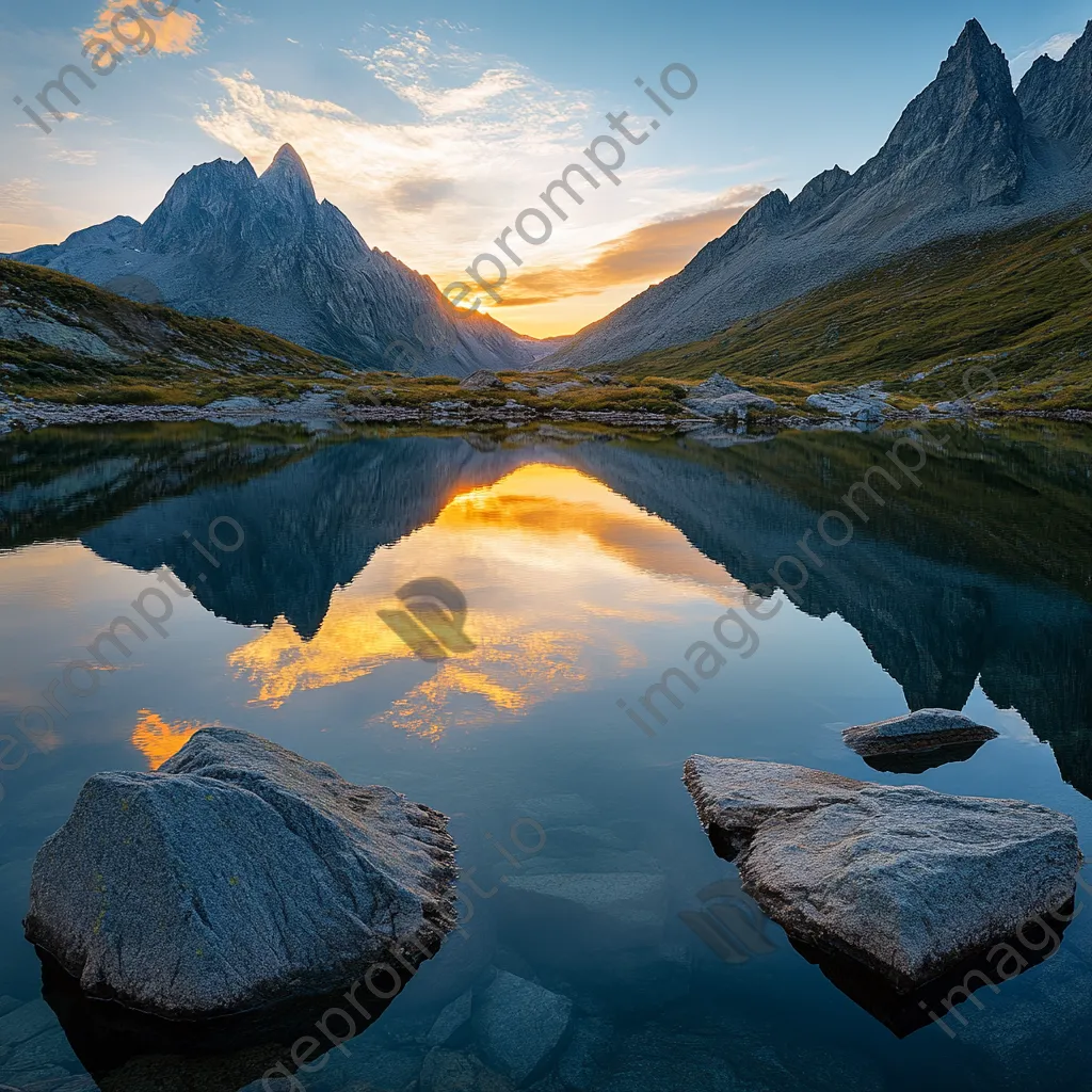 Mountain ridge reflected in a serene alpine lake at sunset - Image 1