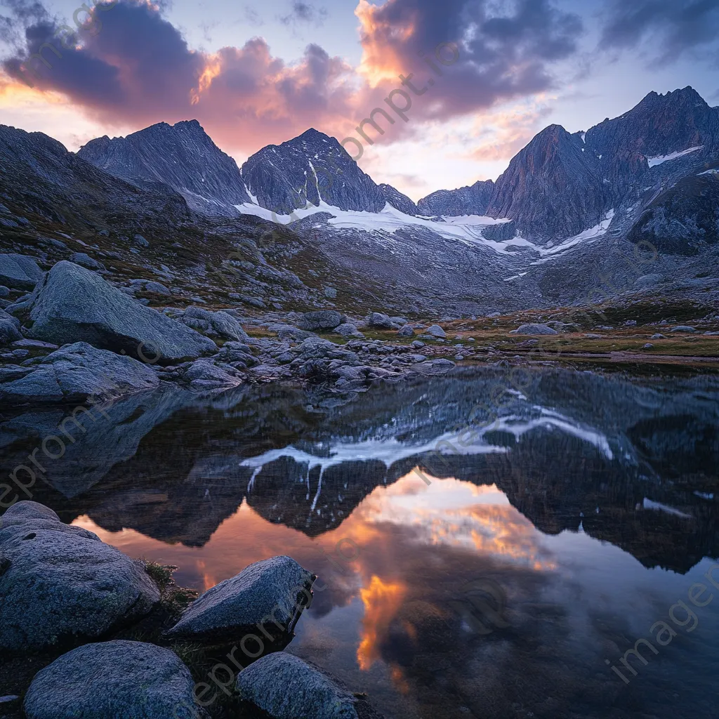 Mountain ridge reflected in a serene alpine lake at sunset - Image 2