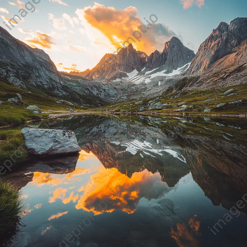 Mountain ridge reflected in a serene alpine lake at sunset - Image 3