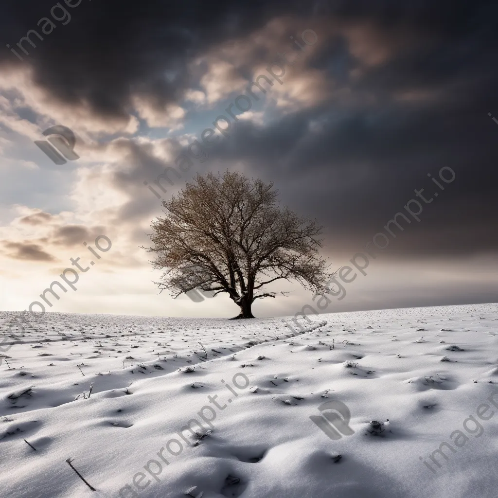 Black and white winter landscape with snow-covered fields and solitary trees - Image 1