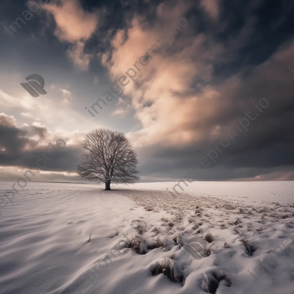 Black and white winter landscape with snow-covered fields and solitary trees - Image 2