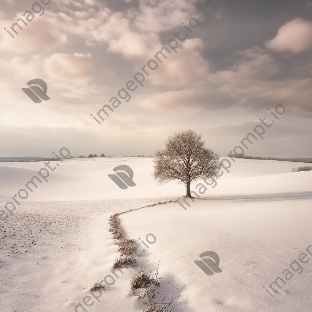 Black and white winter landscape with snow-covered fields and solitary trees - Image 3