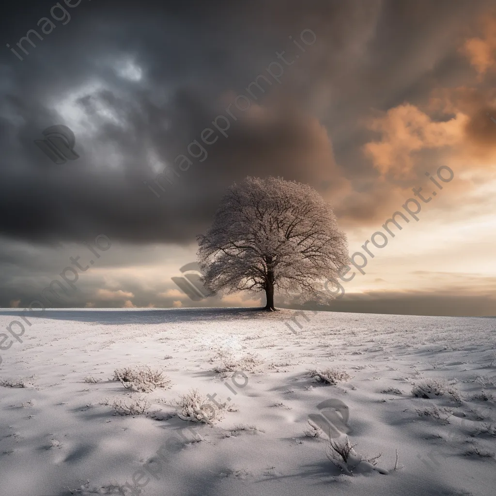 Black and white winter landscape with snow-covered fields and solitary trees - Image 4