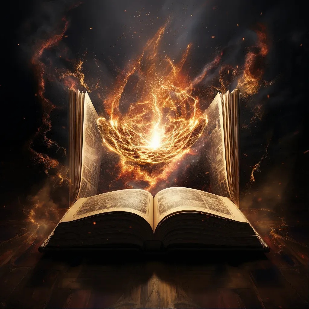 Magical tome open to a page showing a battle between light and darkness - Image 1