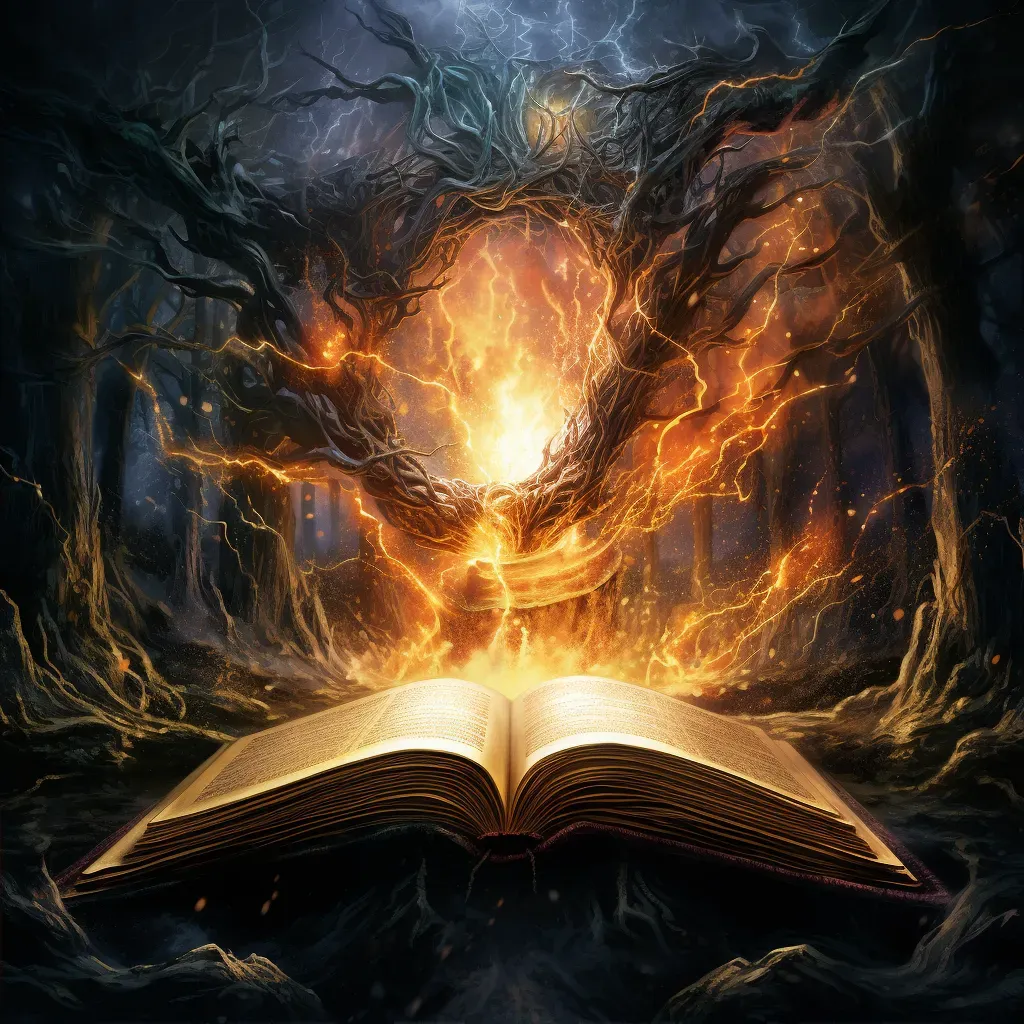 Magical tome open to a page showing a battle between light and darkness - Image 2