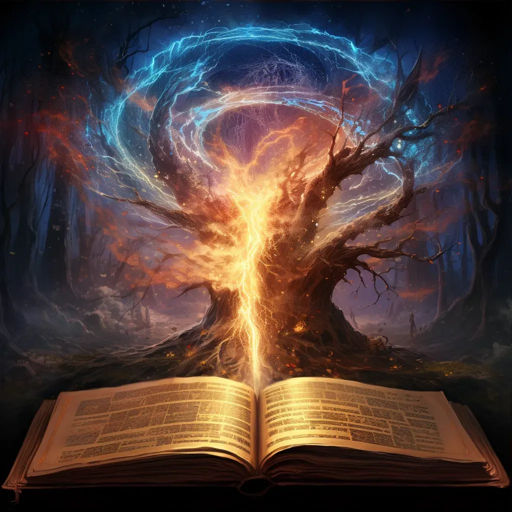 Magical tome open to a page showing a battle between light and darkness - Image 3