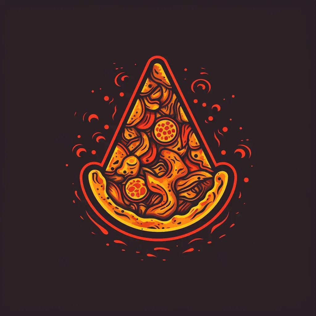 Logo for a pizzeria with a stylized pizza slice icon in red and yellow colors on a dark brick background - Image 3