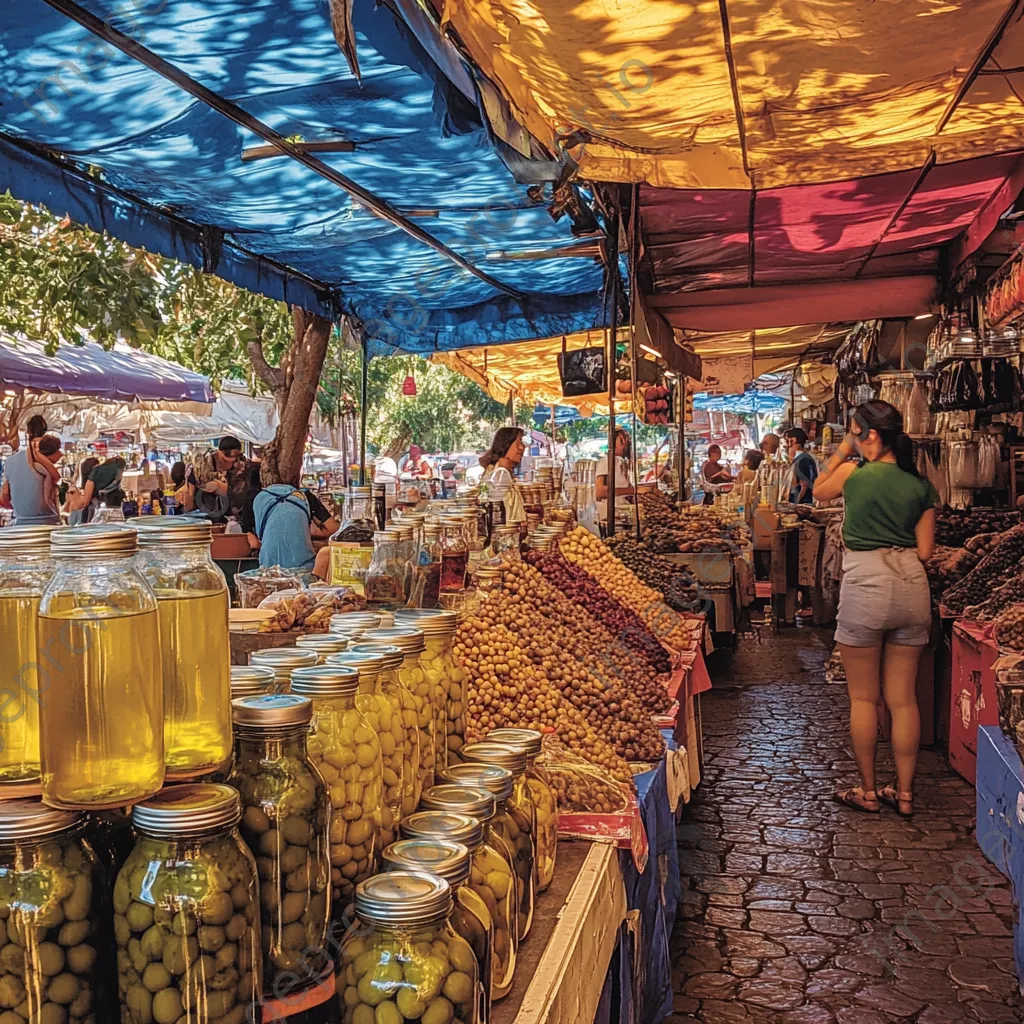 Vibrant market stalls selling olive oil and fresh olives under shaded canopies. - Image 1