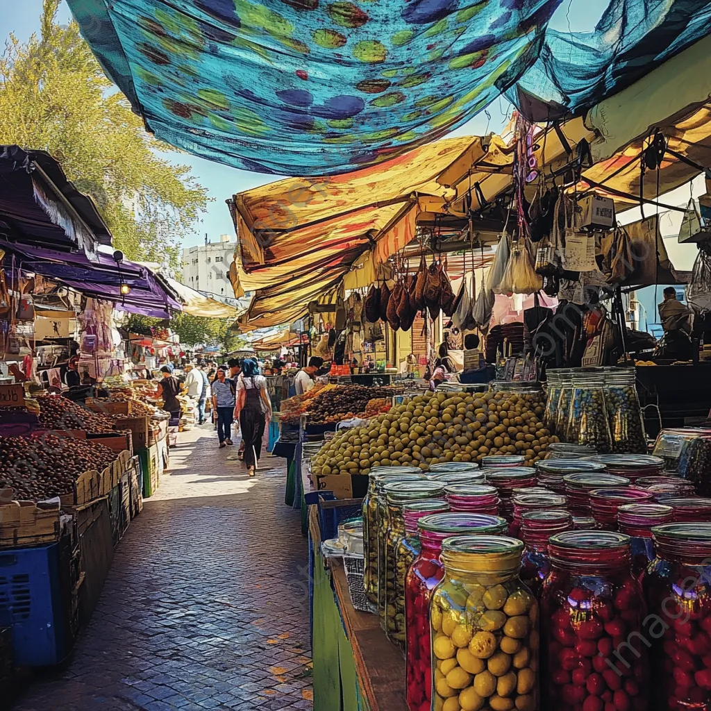 Vibrant market stalls selling olive oil and fresh olives under shaded canopies. - Image 2