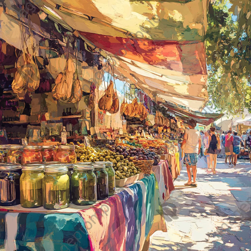 Vibrant market stalls selling olive oil and fresh olives under shaded canopies. - Image 3