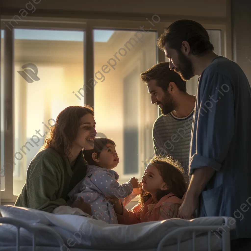 Family visiting a patient in a hospital room with emotional interactions. - Image 3