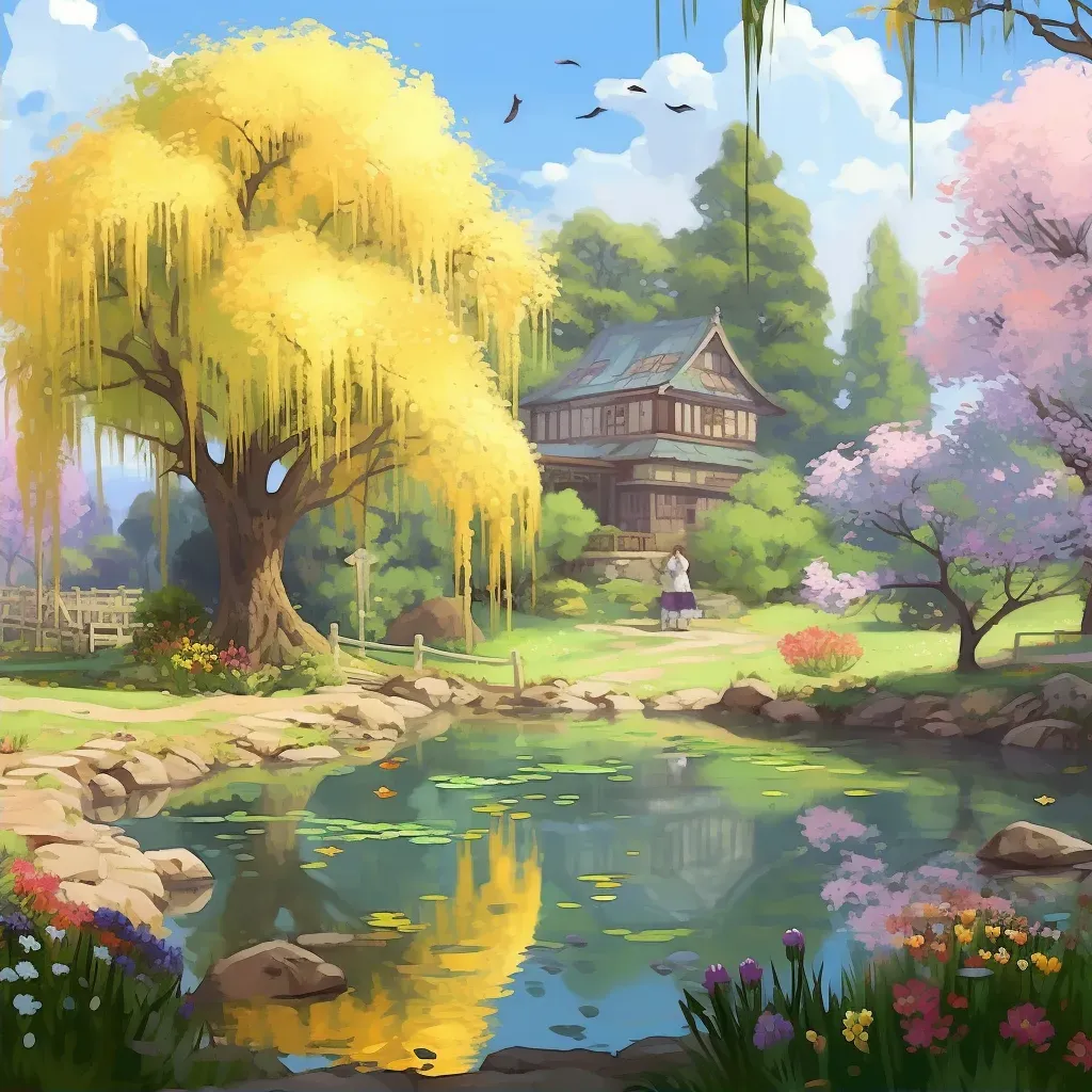 Image of a tranquil spring garden with a weeping willow tree and blooming flowers - Image 2