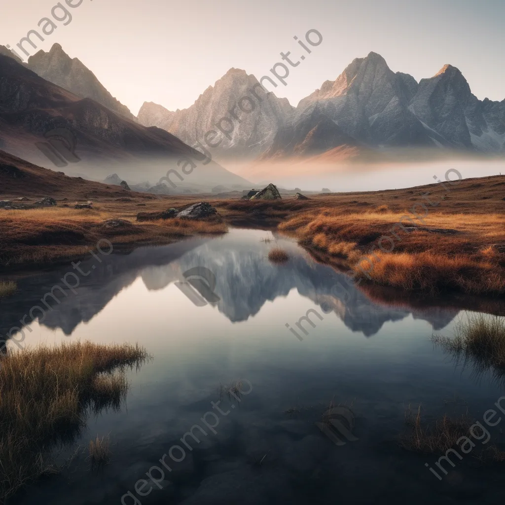 Long exposure photo of a misty mountain lake at dawn - Image 1