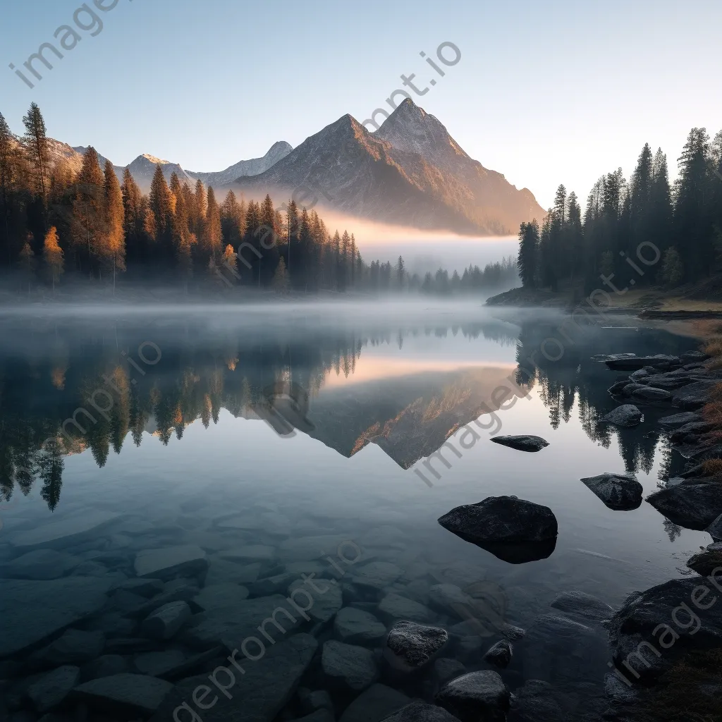 Long exposure photo of a misty mountain lake at dawn - Image 2