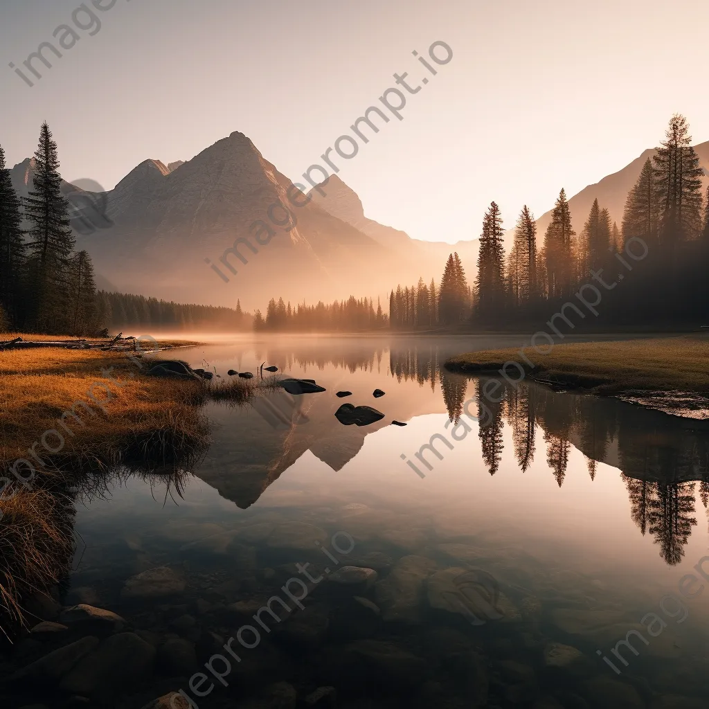 Long exposure photo of a misty mountain lake at dawn - Image 3