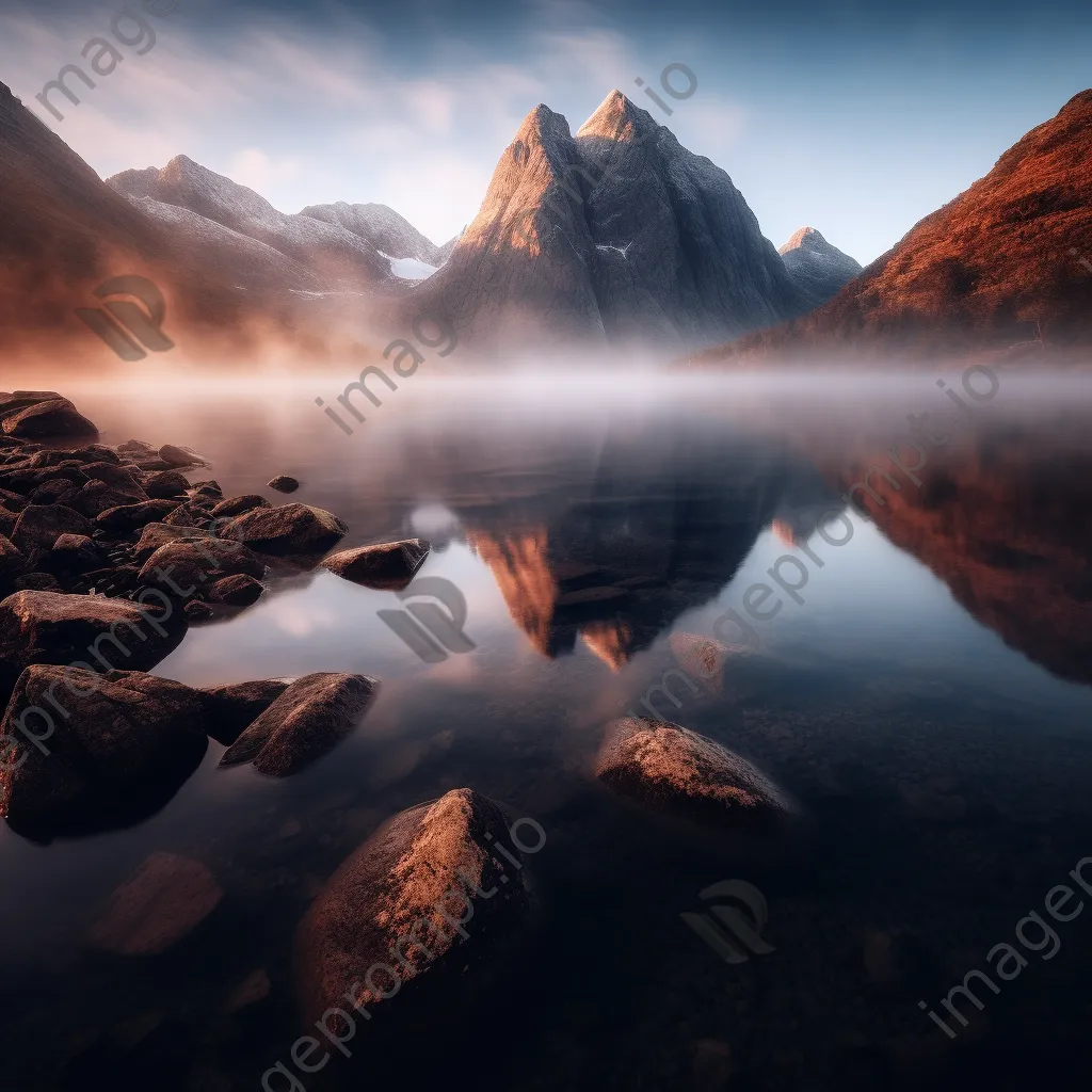 Long exposure photo of a misty mountain lake at dawn - Image 4