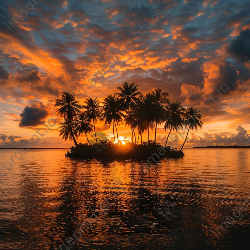 Golden sunset over a tropical island with palm trees and calm waters. - Image 1