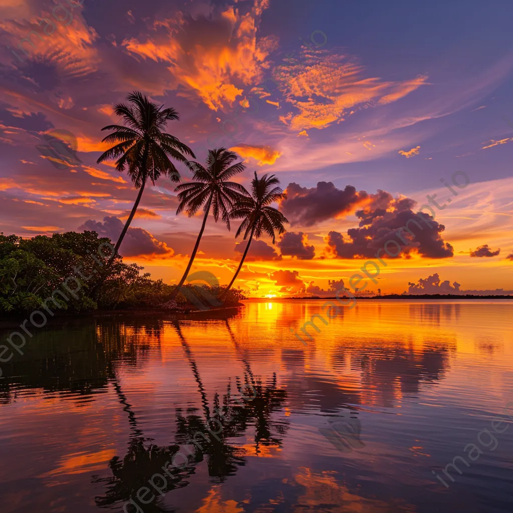 Golden sunset over a tropical island with palm trees and calm waters. - Image 3