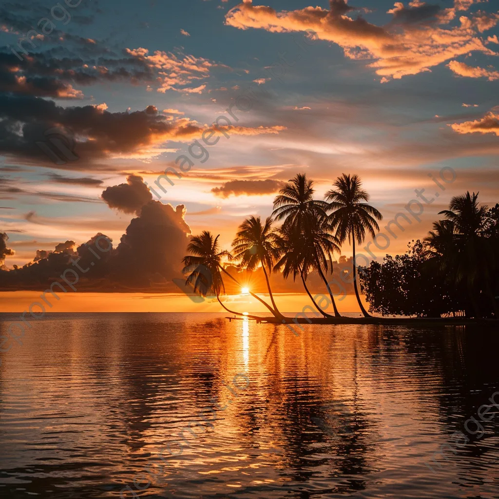 Golden sunset over a tropical island with palm trees and calm waters. - Image 4