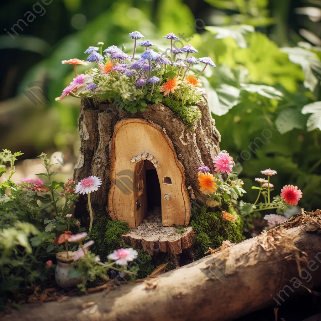 Tree stump designed as a fairy house surrounded by flowers - Image 1