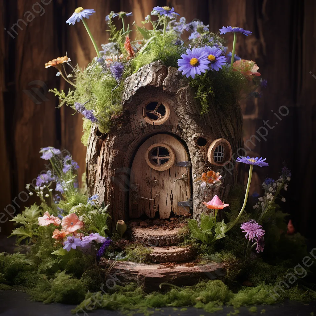 Tree stump designed as a fairy house surrounded by flowers - Image 2