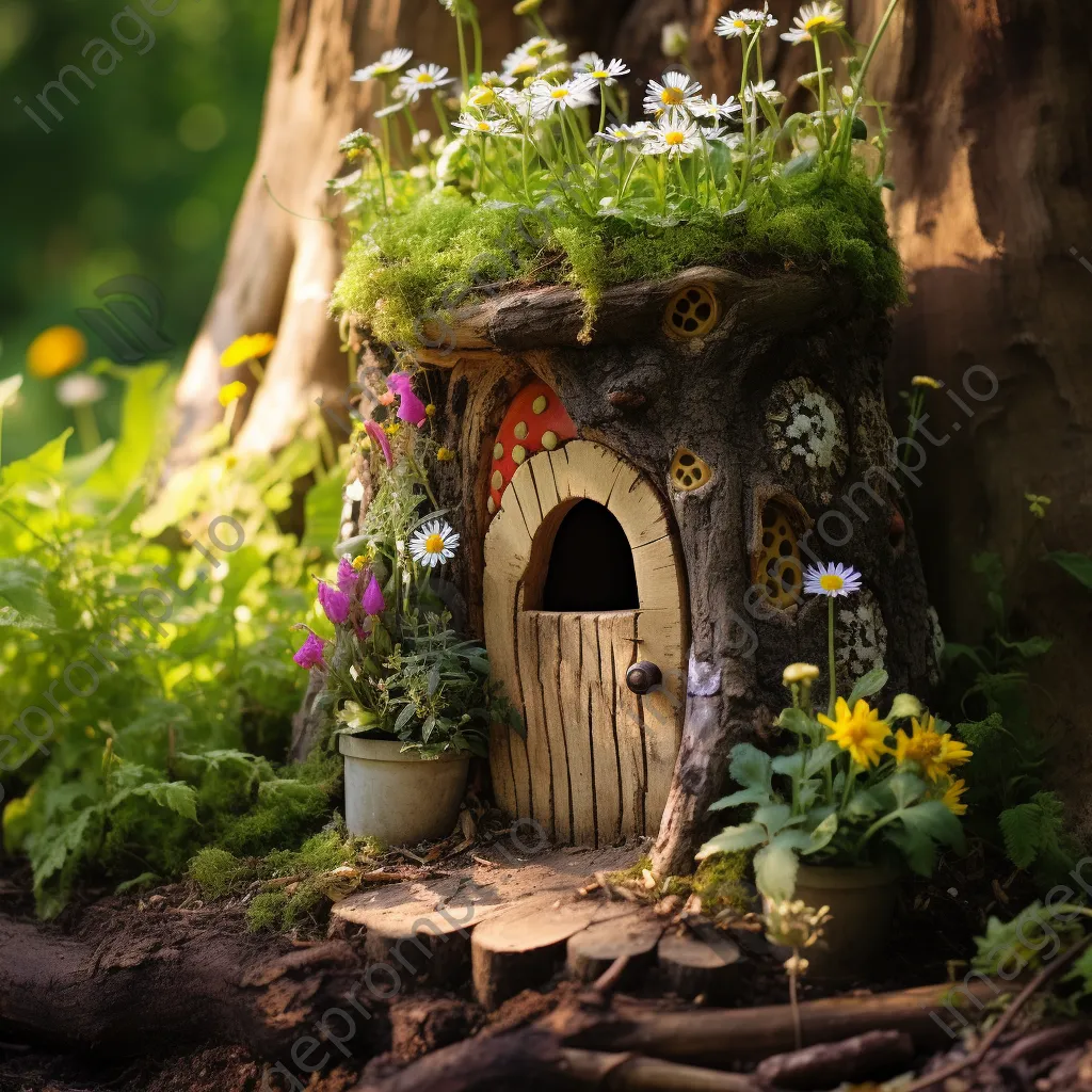 Tree stump designed as a fairy house surrounded by flowers - Image 3