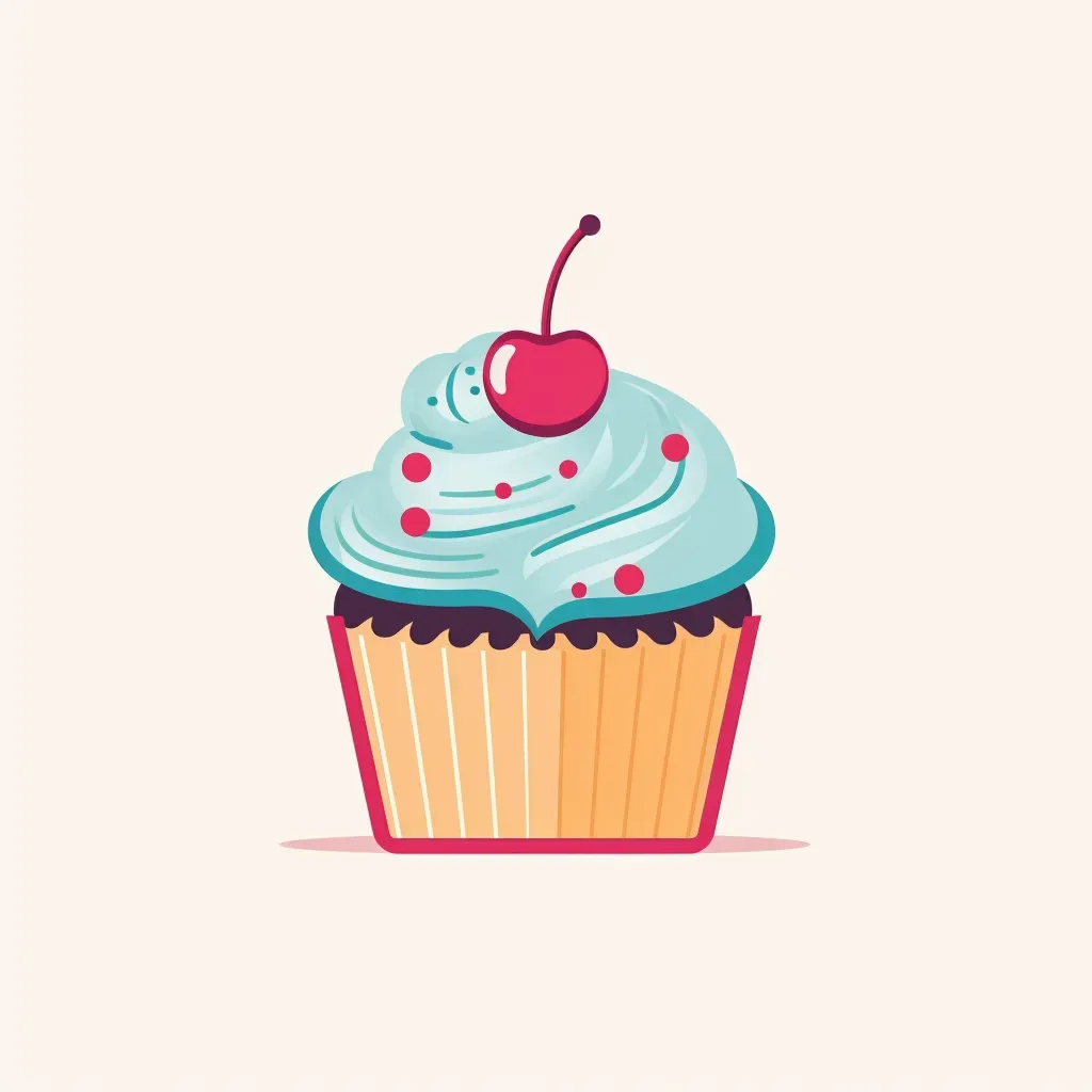 Logo for a cupcake shop with a stylized cupcake icon and cherry in pink and turquoise colors on a white polka dot background - Image 1