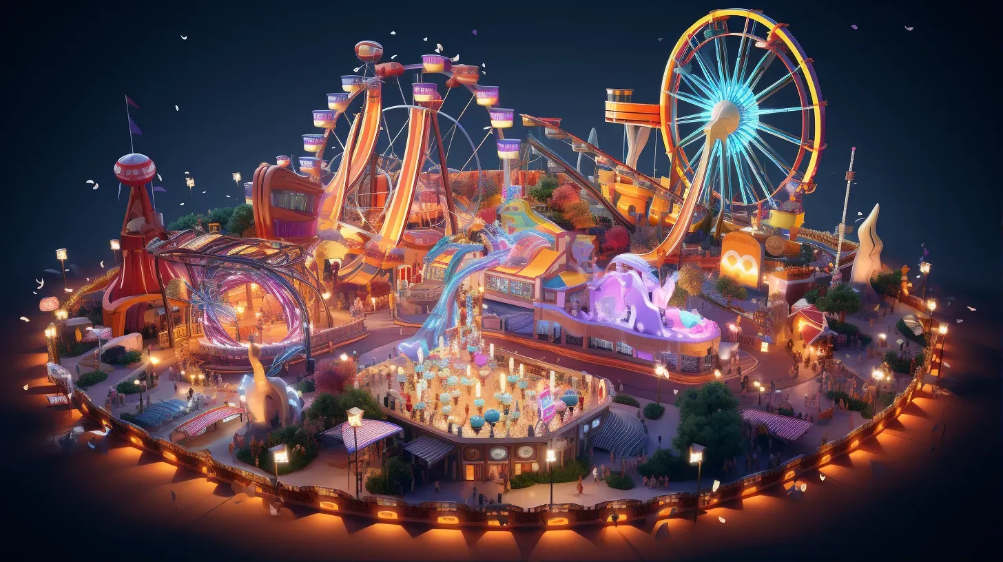 Isometric view of a bustling low poly carnival at night - Image 1