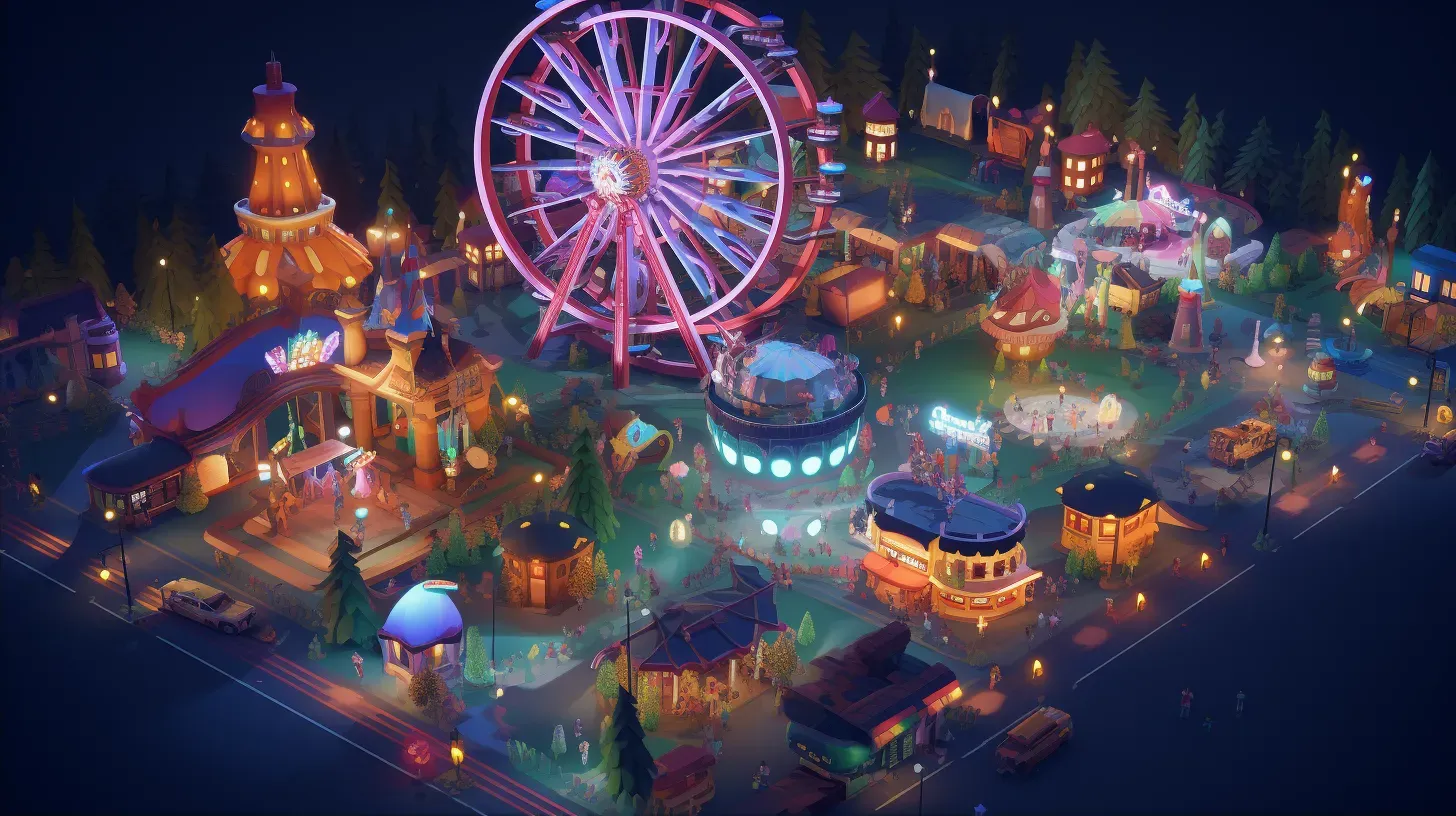 Isometric view of a bustling low poly carnival at night - Image 2