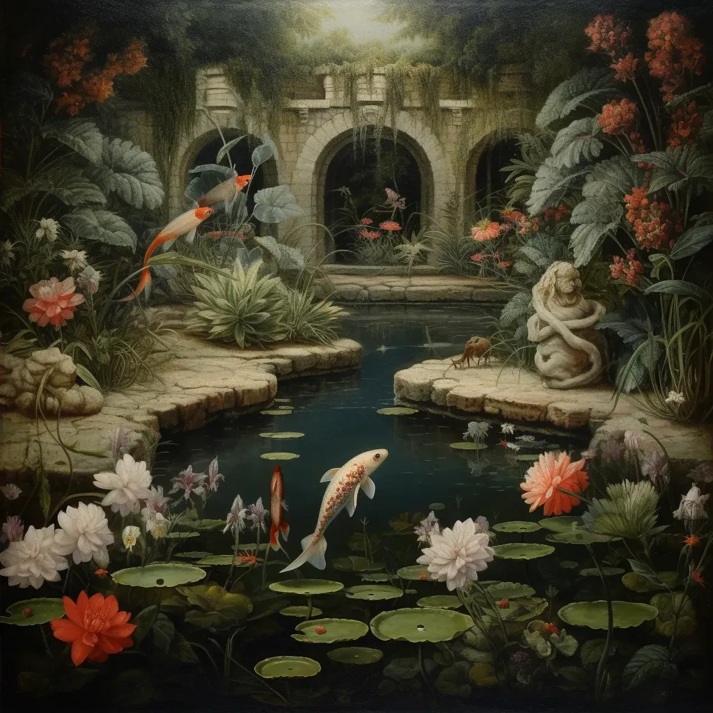 Tranquil koi pond in country garden with blooming plants - Image 2