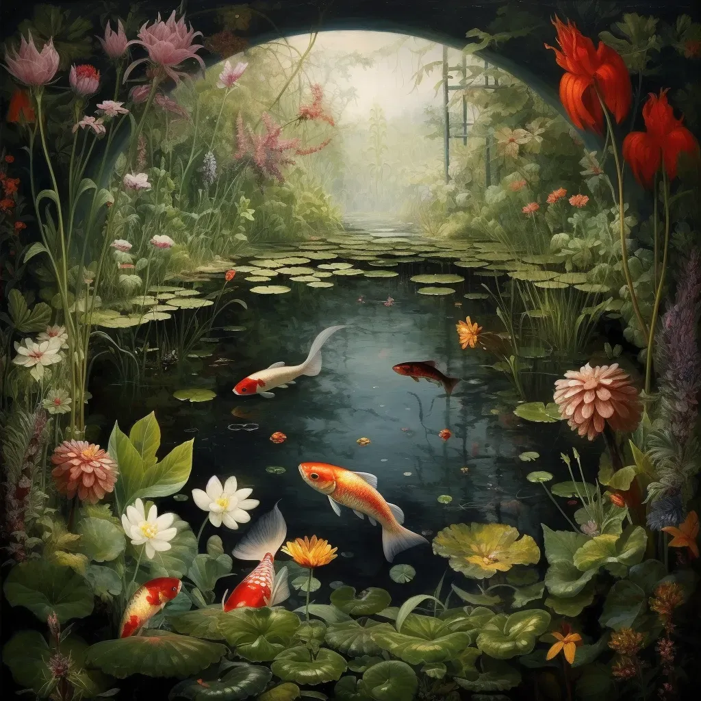 Tranquil koi pond in country garden with blooming plants - Image 4