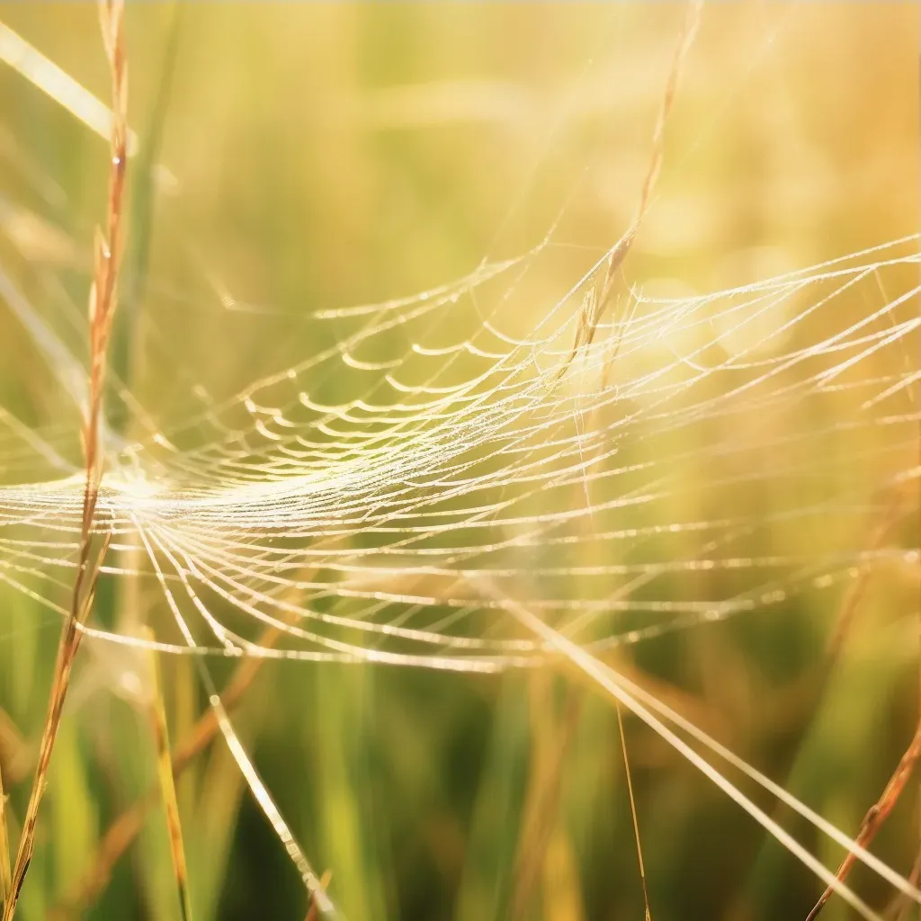 Close-up of spider silk threads among grass blades - Image 3