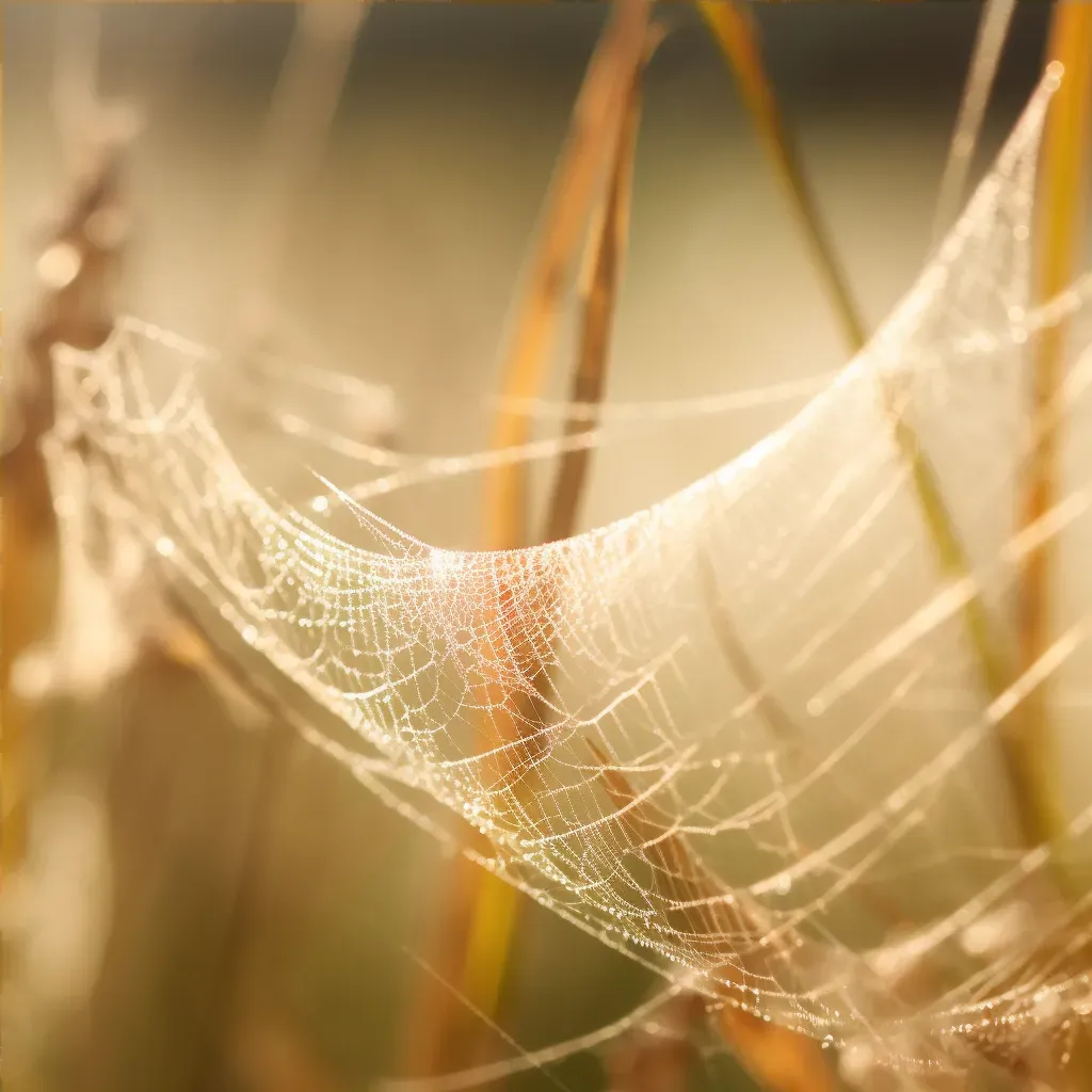 Close-up of spider silk threads among grass blades - Image 4