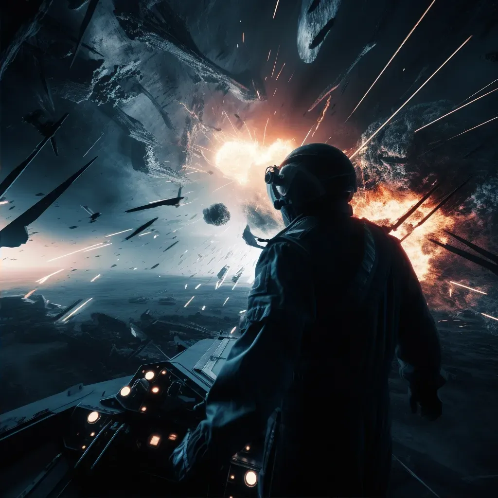 Digital illustration of a pilot guiding a fighter craft through a space battle - Image 2