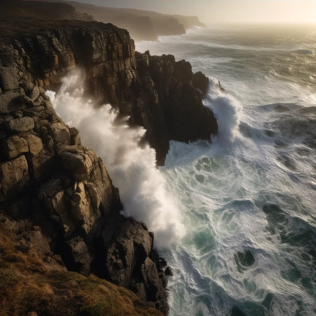 Dramatic coastal cliffs with crashing waves in black and white - Image 4