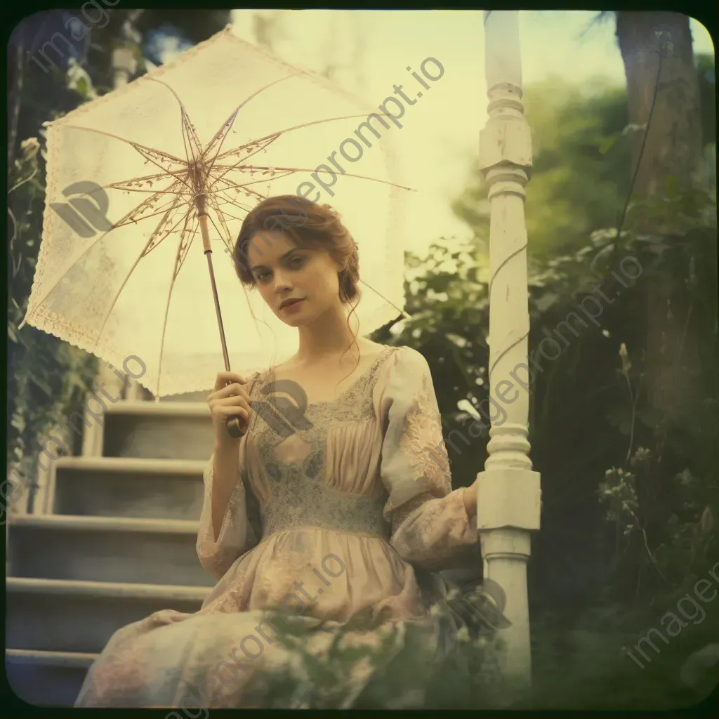 Vintage portrait of a Victorian woman with a parasol in a garden - Image 1