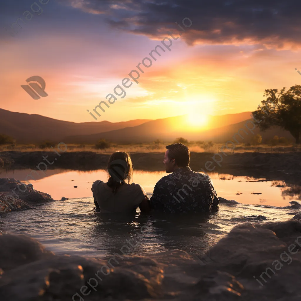 A couple relaxing in a thermal spring during a picturesque sunset. - Image 1