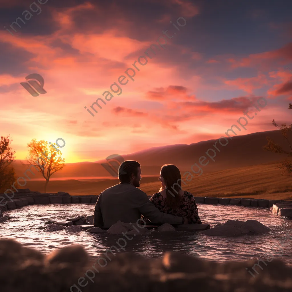 A couple relaxing in a thermal spring during a picturesque sunset. - Image 2