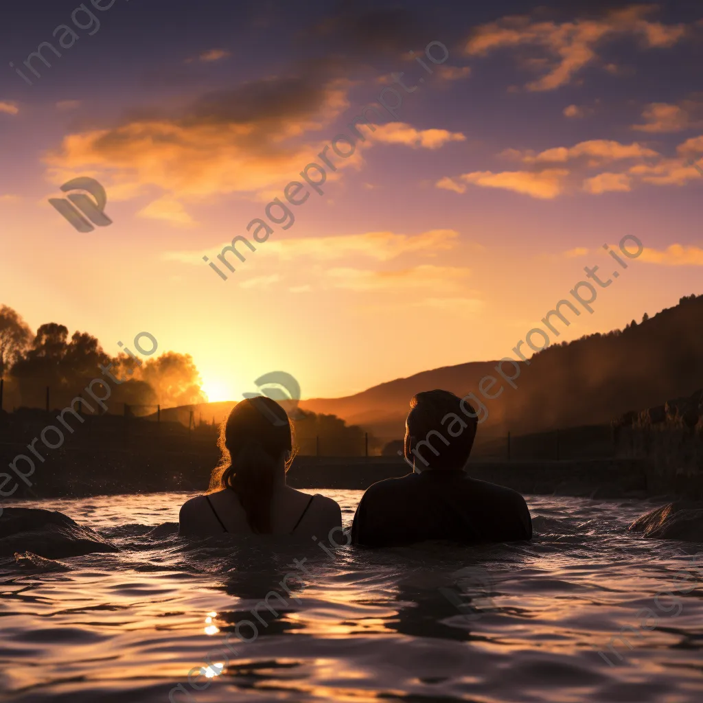 A couple relaxing in a thermal spring during a picturesque sunset. - Image 3