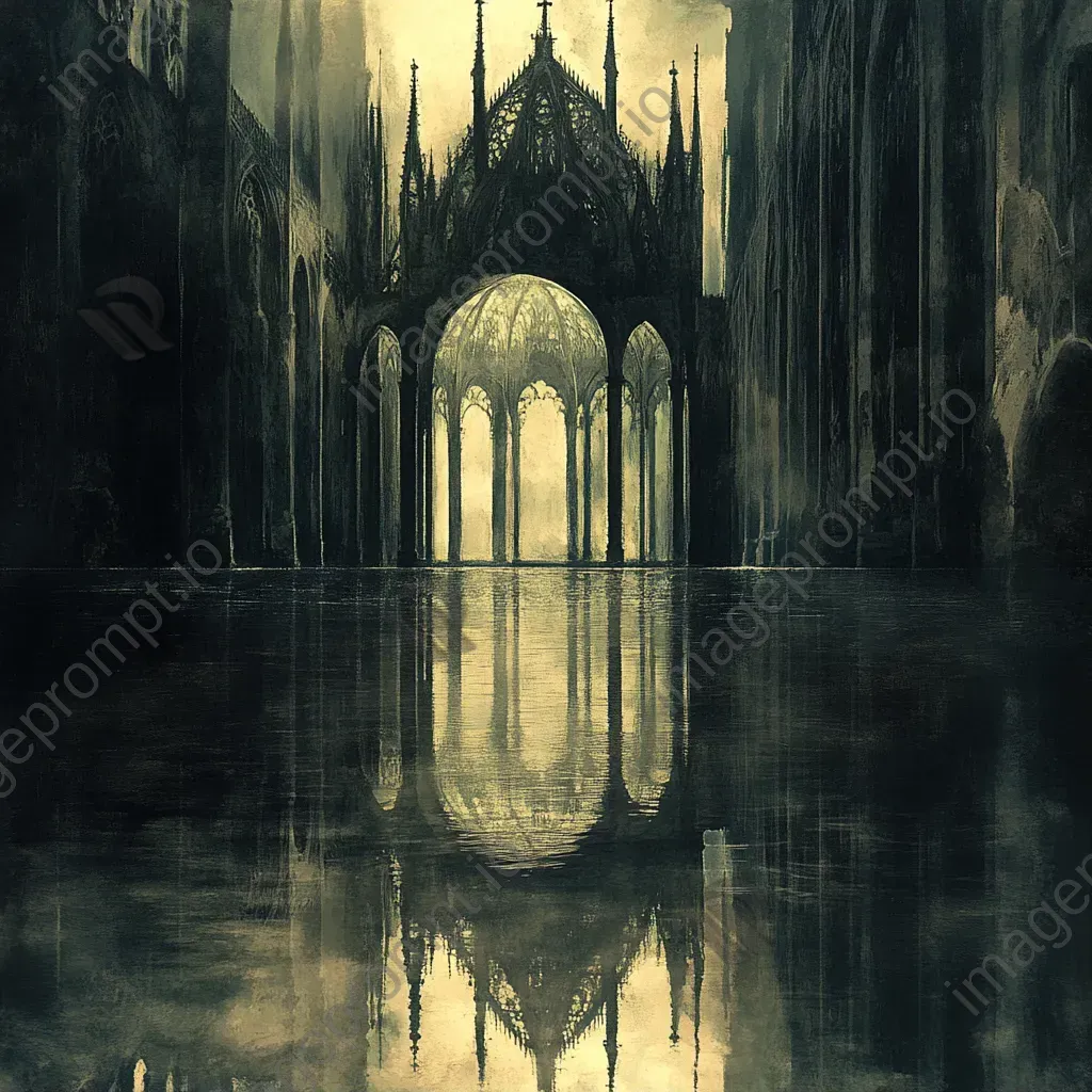 Artwork of a Gothic cathedral reflected in a still pond, with chiaroscuro light play - Image 1