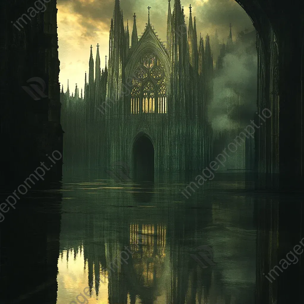 Artwork of a Gothic cathedral reflected in a still pond, with chiaroscuro light play - Image 2