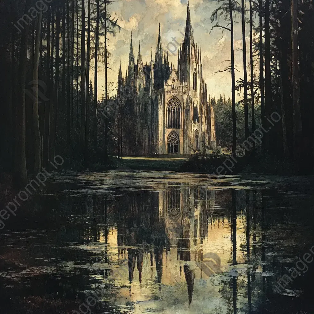 Artwork of a Gothic cathedral reflected in a still pond, with chiaroscuro light play - Image 3