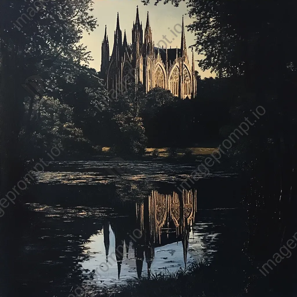 Artwork of a Gothic cathedral reflected in a still pond, with chiaroscuro light play - Image 4