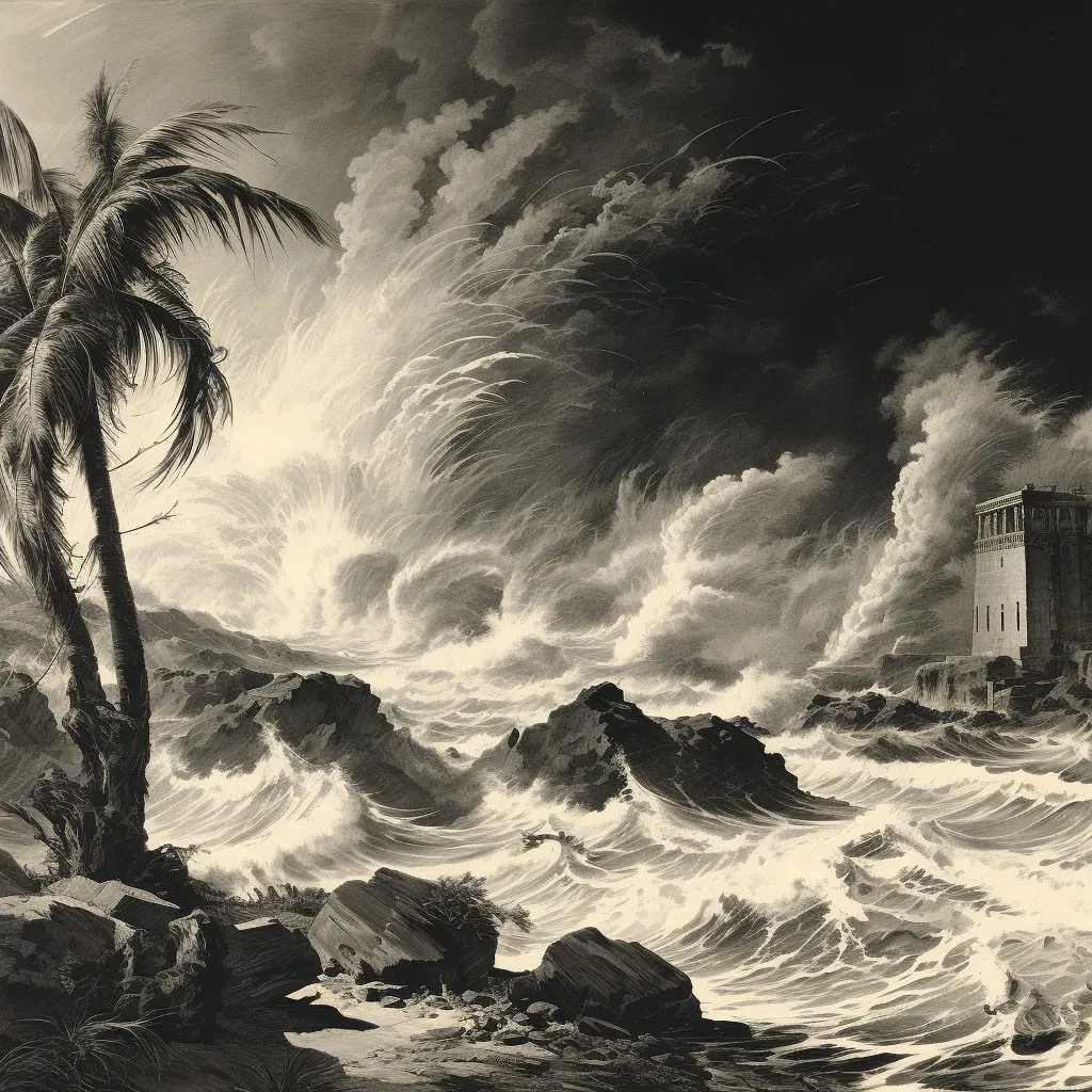 Tsunami wave crashing onto beach with palm trees - Image 4