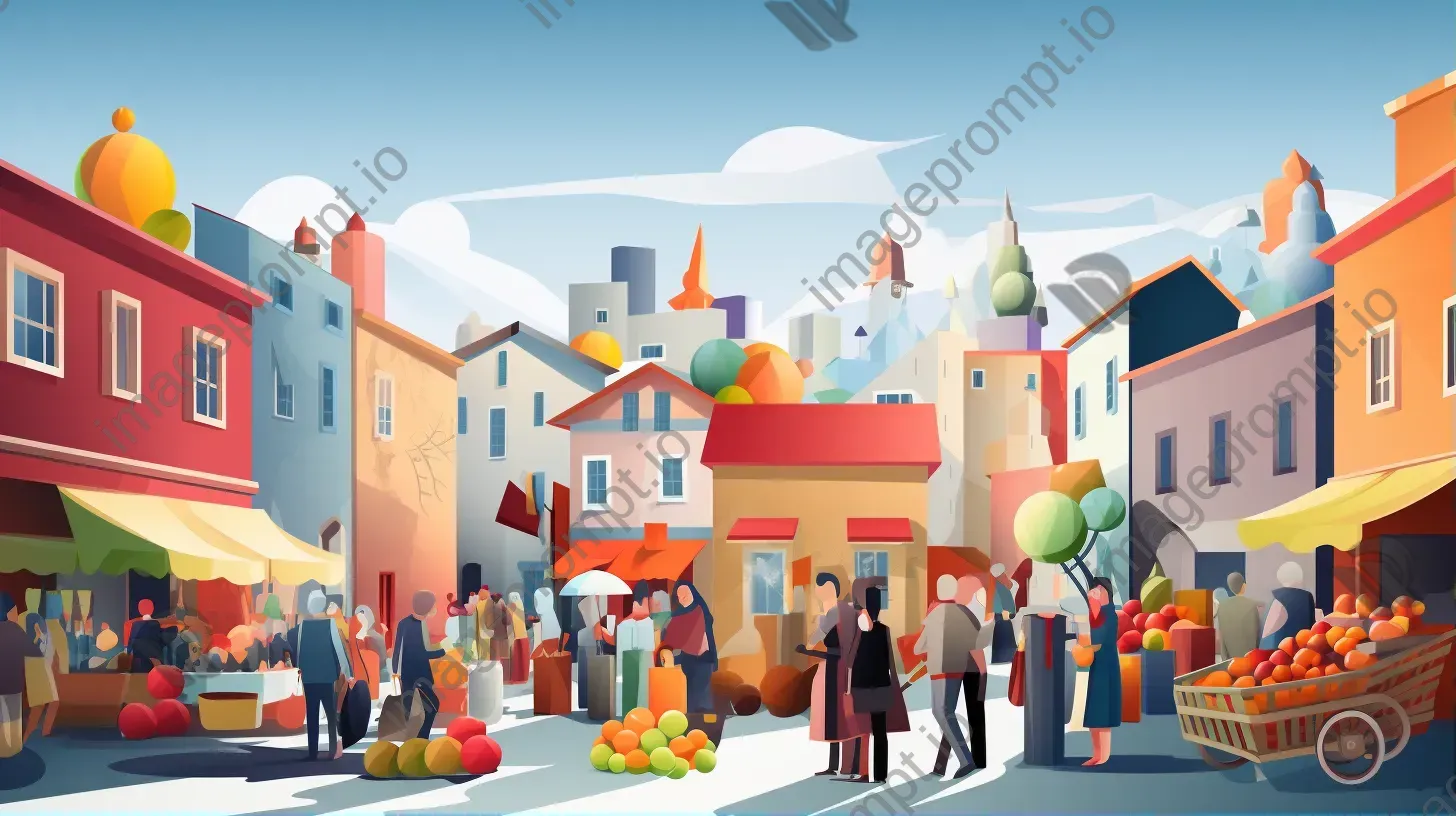 Colorful low poly digital depiction of a morning market scene, influenced by Cubism - Image 1