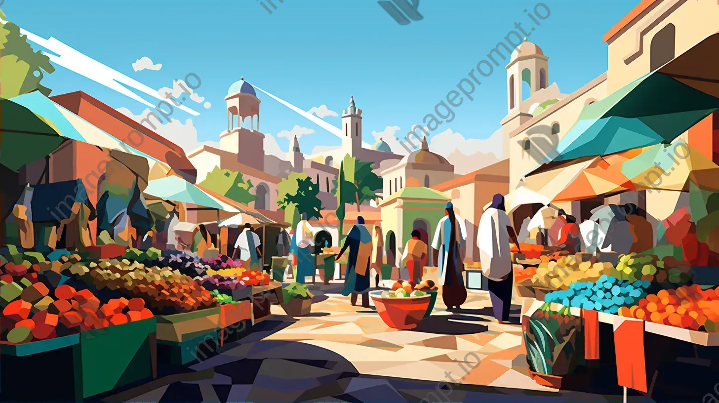 Colorful low poly digital depiction of a morning market scene, influenced by Cubism - Image 2