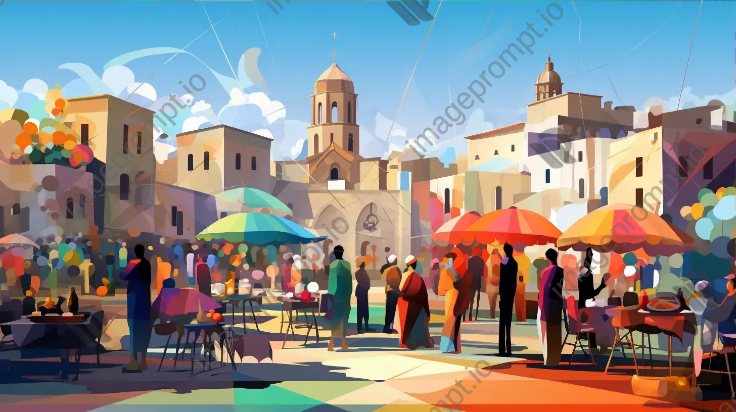 Colorful low poly digital depiction of a morning market scene, influenced by Cubism - Image 3