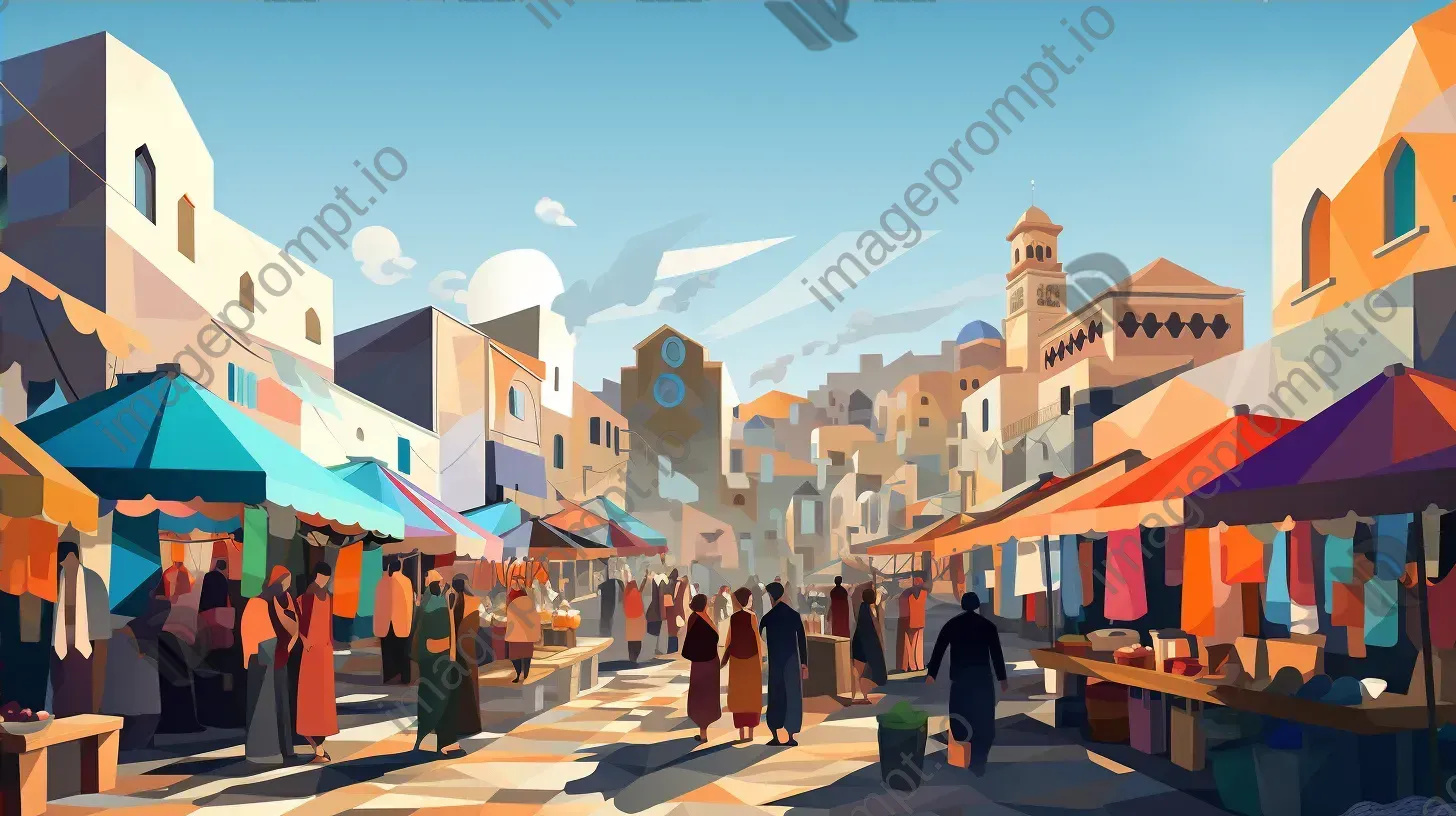 Colorful low poly digital depiction of a morning market scene, influenced by Cubism - Image 4