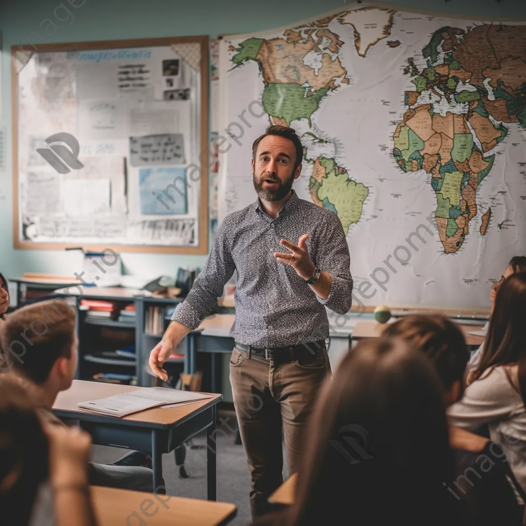 Teacher giving a lecture to attentive students in a traditional classroom. - Image 4